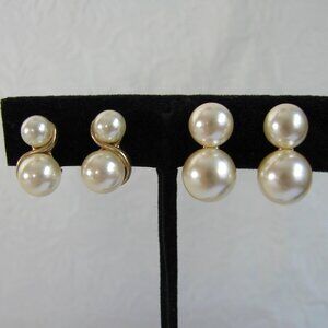 Vintage Double Faux Pearl Clip-On EARRINGS x2 Pair, Elegant, Gold Tone  G3